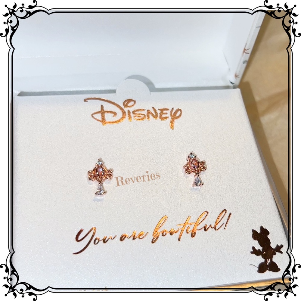 Disney Rose Gold Cinderella Carriage Stud Earrings Set Crystal Bling World Parks